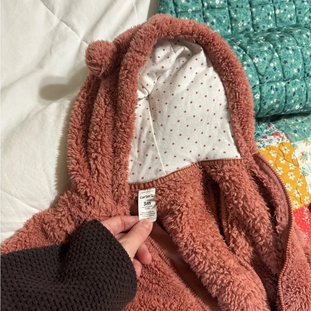 Carter’s 3 Month Pink Bear Baby Sherpa Bunting Fold Over Mits Zip Up